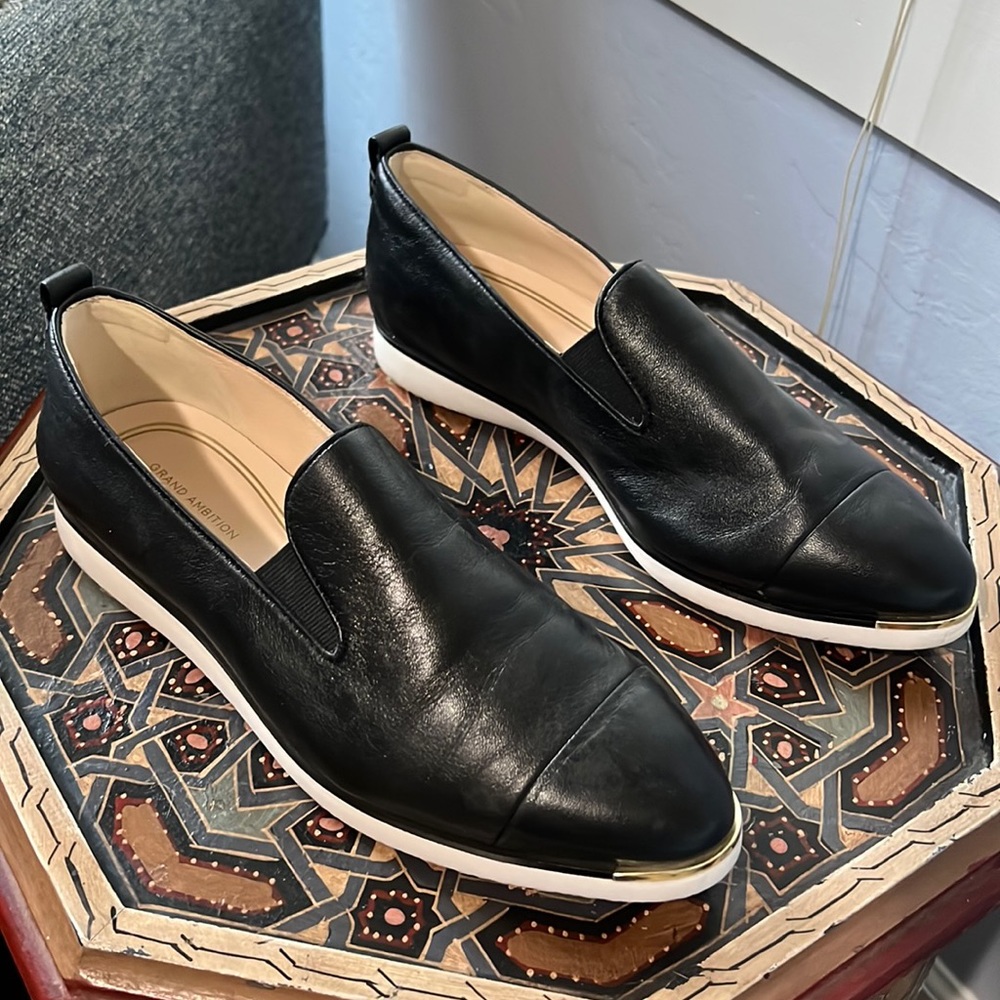 Cole Haan Black Leather Slip-On Loafers with White Sole